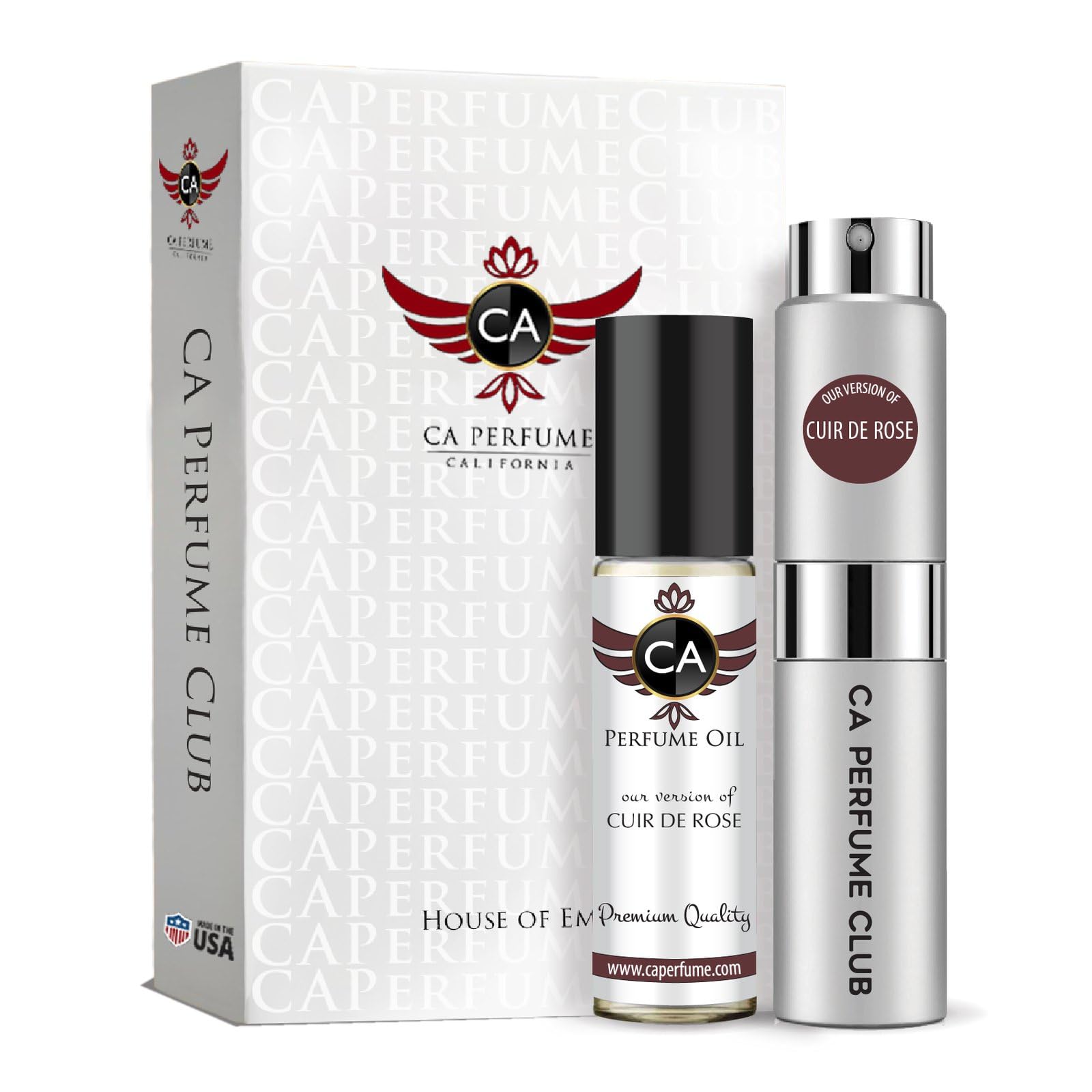 CA Perfume Duo Impression of Cuir de Rose Women & Men Sprayer + Body Oil Roll-On Bottles 0.27 Fl Oz+0.33 Fl Oz