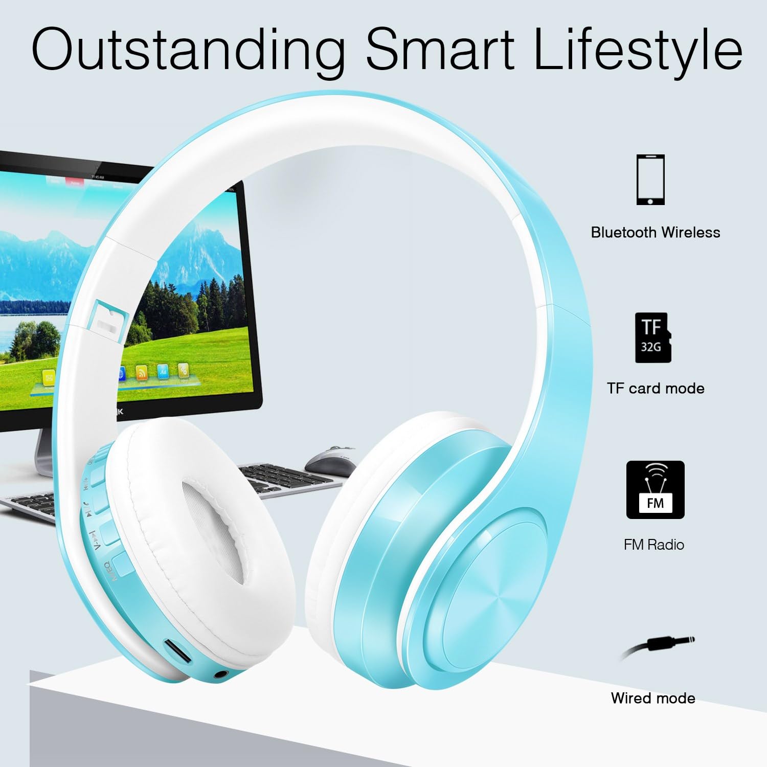 RAT TAIL Auriculares Bluetooth V5.0 sobre la oreja, plegables, inalámbricos y estéreo con cable, micro SD/TF, FM para teléfono celular, PC, orejeras suaves y ligeros para un uso prolongado (azul)