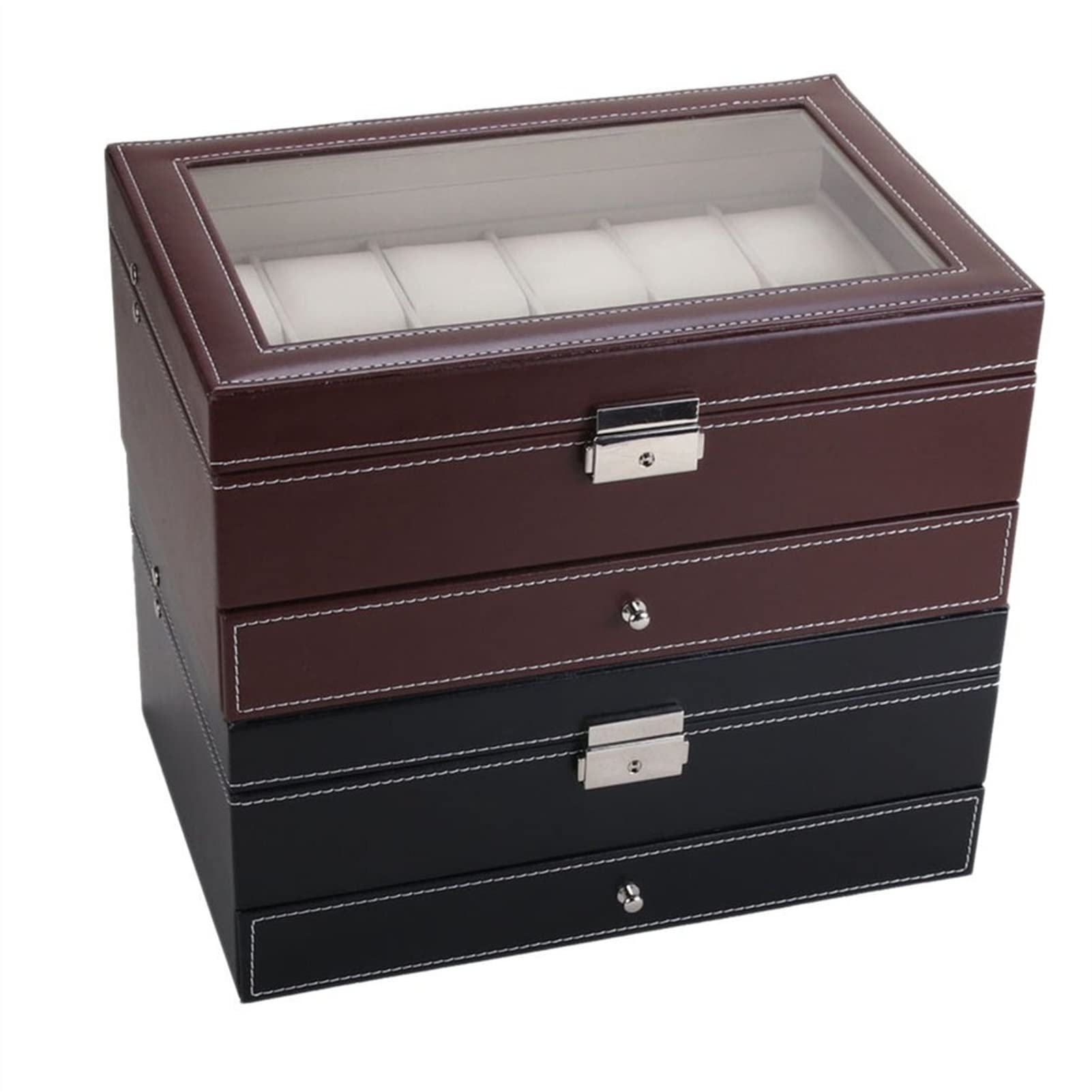 Uhrenbox für Herren, 2-stöckig, abschließbare Uhrenaufbewahrungsboxen aus PU-Leder – Schmuck-Display-Schubladenetui für Herren und Damen – Organizer mit 12 Fächern, Uhrenvitrine mit Glasdeckel,
