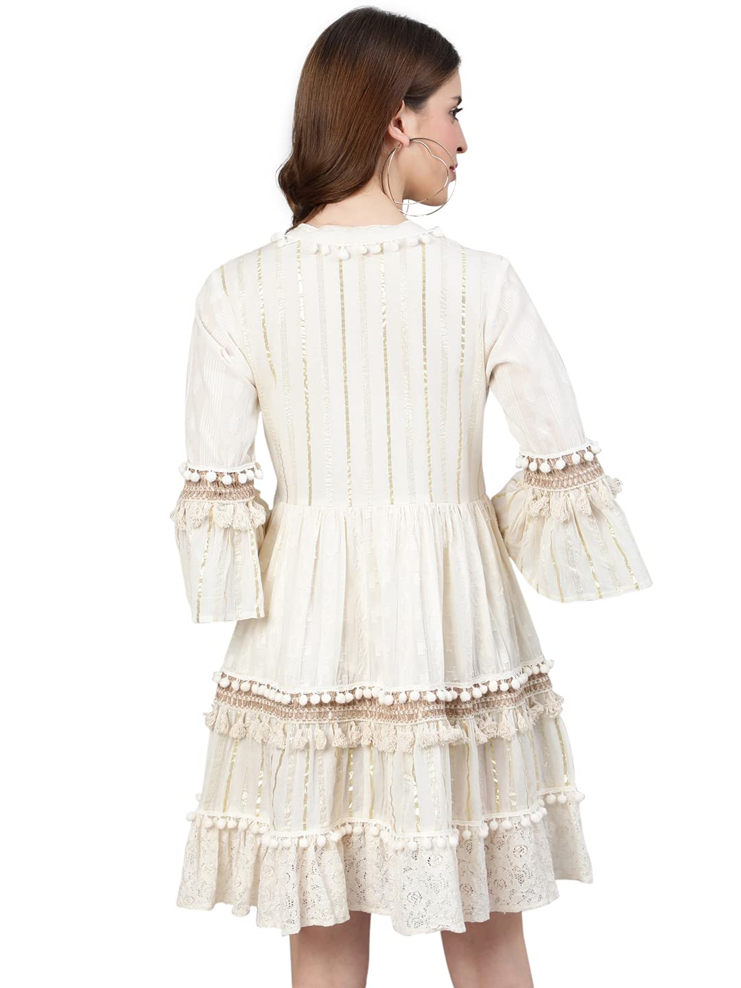 Ishin Women's Off White Pure Cotton Zari Embroidered A-Line Dress