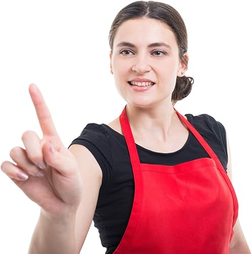 Miniatura 6 de Paquete de 16 delantales lisos con peto rojo a granel para mujeres, hombres y adultos, con 2 bolsillos, para cocinar, cocina, pintura, hornear,