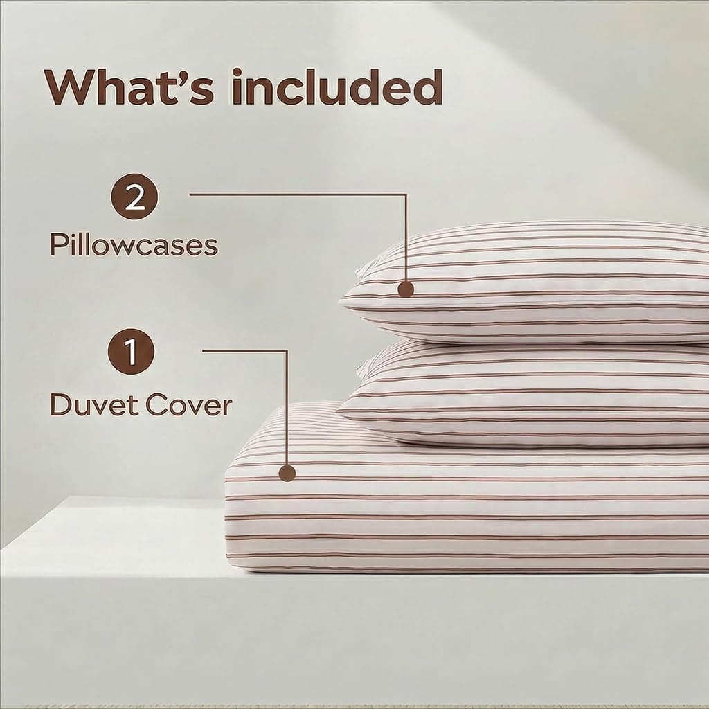 Bedbay Beige Striped Duvet Cover Set King Size, 100% Cotton Sateen Bedding, Soft & Breathable Neutral Bedding Set, Modern Farmhouse Style, 3 Pcs Striped Comforter Cover with Zipper & Corner Ties