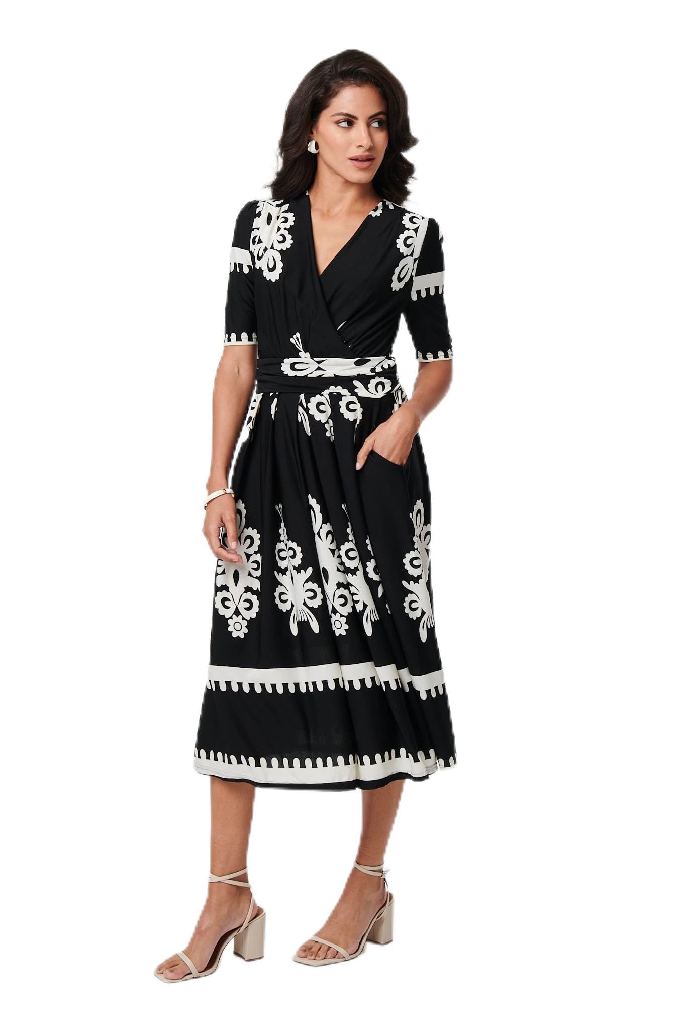 Izabel London Ikat Print 1/2 Sleeve Wrap Midi Dress - Black - Size 14