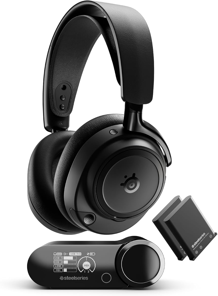 SteelSeries Arctis Nova Elite - Auriculares inalámbricos para juegos de alta resolución — 96 kHz/24 bits — Altavoces de fibra de carbono — ANC — Rechazo de ruido AI — Aplicación — 2,4 GHz + BT — Mezcla de múltiples fuentes — OmniPlay PC+PlayStation+Xbox