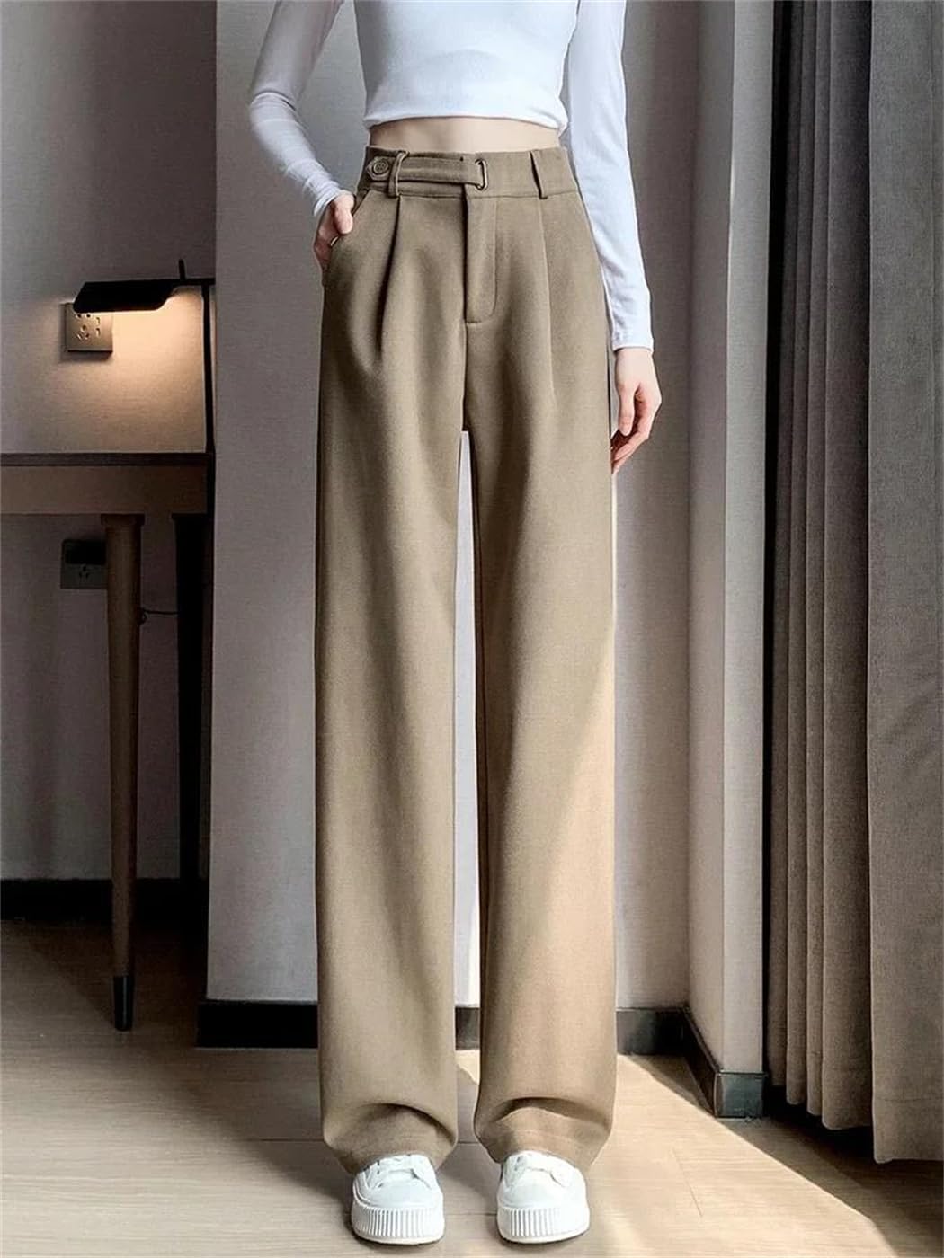 Women's Winter Thick Wide Leg Pants Solid Black/Apricot Button Straight Slim Casual Trousers
