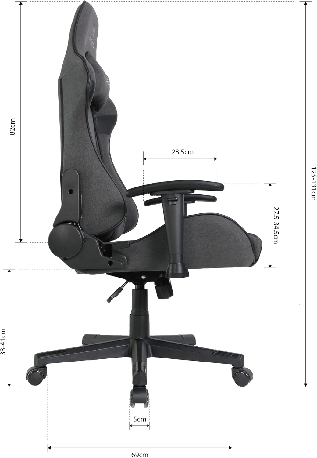 Diagram showing the dimensions of the Oversteel ULTIMET Gaming Chair in centimeters, including seat height range (33-41cm), backrest height (82cm), and overall width (69cm).