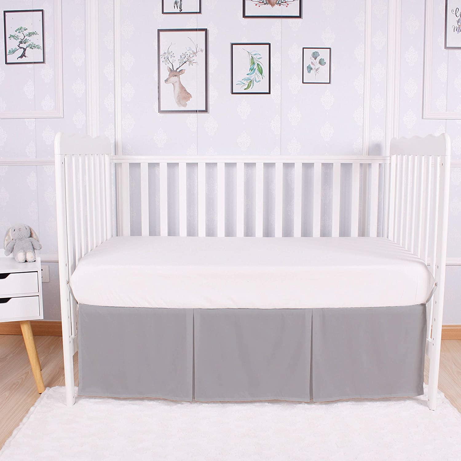 Box Pleated Mini Crib Bed Skirt Premium 100% Cotton 800 Thread Count Nursery Crib Toddler Bedding Crib Bedskirt for Baby Boys or Baby Girls, (24" x 38") + 10" Drop Lenght - Silver Solid