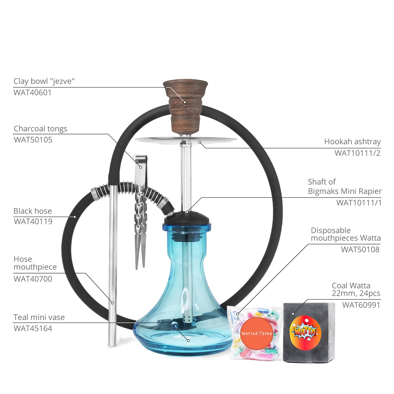 Kit completo de cachimba de acero inoxidable BigMaks Mini Rapier, pelota de cristal, taza de arcilla, pinzas para shisha, carbón de coco, boquilla WattaKeeper (WAT19803)