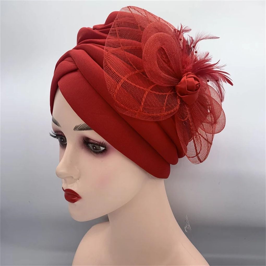 Turban mit Federn und Blumen, für Damen, muslimisches Kopftuch, Mützen, Hochzeit, Party, Kopfbedeckung, Turbante, afrikanische Kopfbedeckung