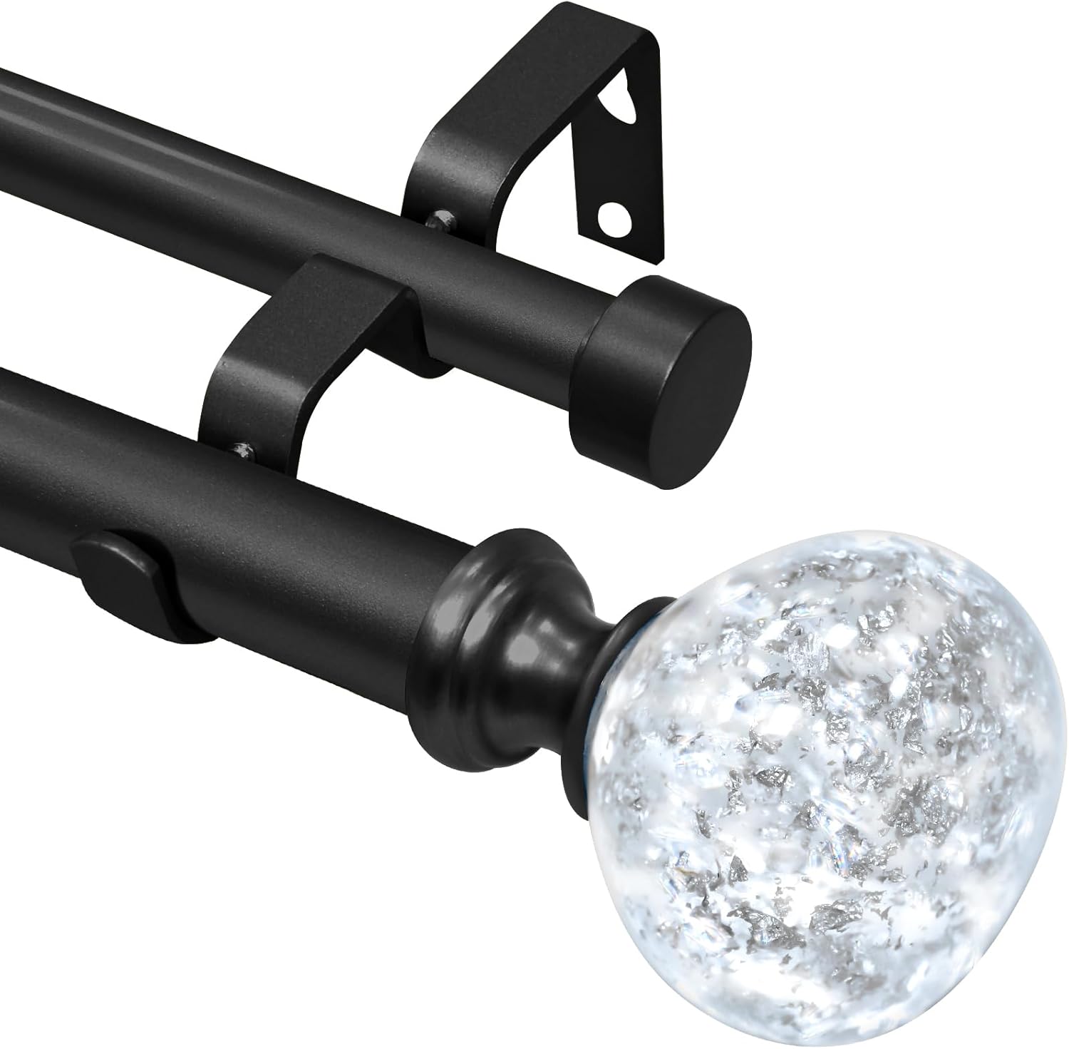 Matte Black Double Curtain Rod for Windows 48 to 84 Inch: Double Window Treatment Curtain Rod Heavy Duty Adjustable from48 to 84 Inch - Silver Foil Resin Finials and Double Curtain Rod