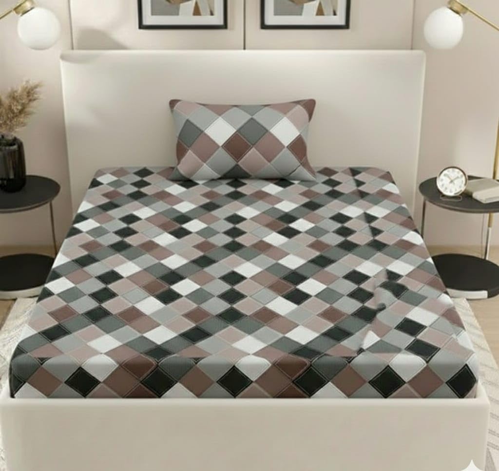 Elastic Fitted Bedsheets Single Size Bed, Glace Cotton Bed Sheet Single Bed, 180TC bedsheets with 1 Pillow Cover, All Around Elastic Fit Upto 8 Inch Mattress, Single Size 36 x 72 Inch