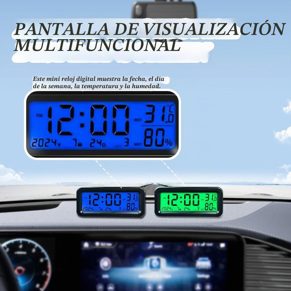 Reloj para Salpicadero de Coche,Reloj Digital Recargable Solar,Mini Relojs Digital Solar para Salpicadero de Coche,Pantalla LCD, Fecha,Temperatura,Pequeño y Manejable Autoadhesivo