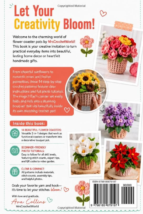 14-in-1 Flower Coasters Crochet Patterns: Step-by-Step Crochet Book with Photo Tutorials for Handmade Floral Coasters, Cute Crochet Gifts & Home Decor image 3