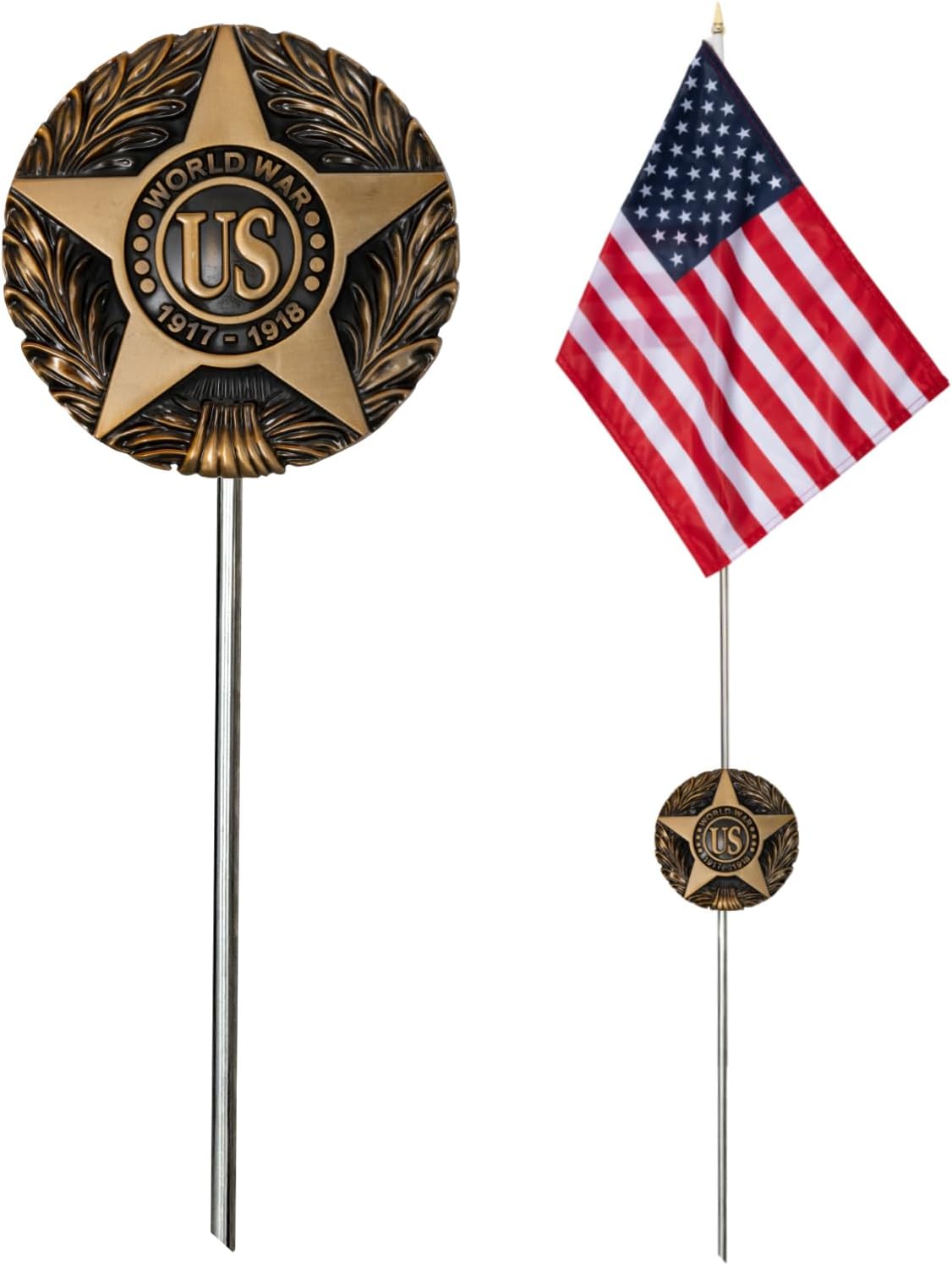 JRED WWII Grave Marker with 12x18 Inch American Flag Set, Aluminum Cemetery Plaque, 12x18 Inch US Flags on Stick with Retractable Stainless for All American Military Veterans