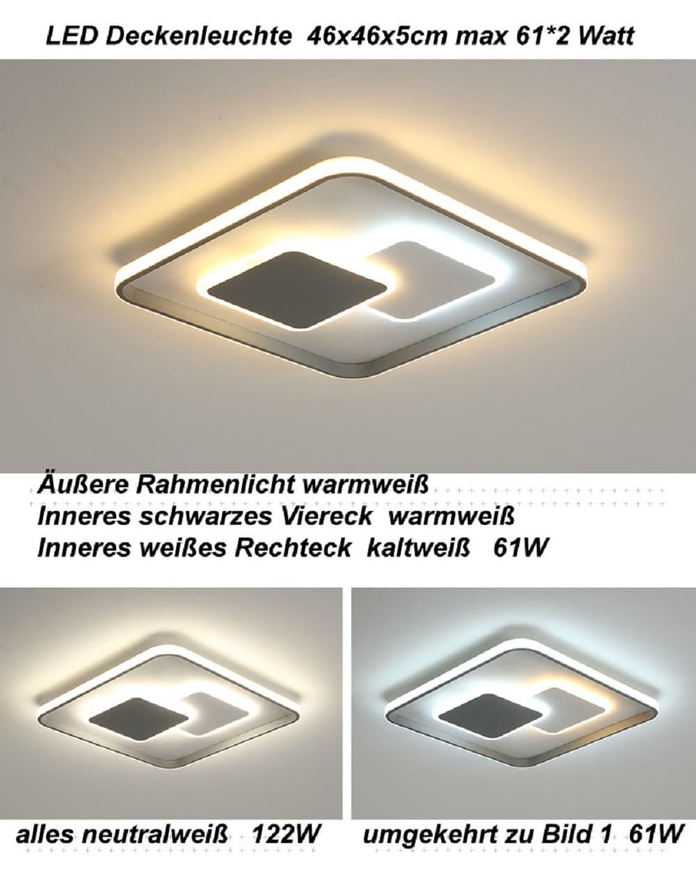 LED Deckenleuchte 9641FX Quadrat 46cm mit Fernbedienung Lichtfarbe/Helligkeit einstellbar Acryl-Schirm weiß/grau (9641+FX,46x46 cm 122W)