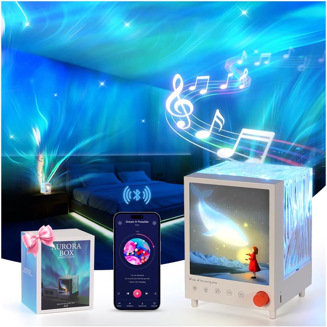 TOBTOS Northern Lights Projector with Bluetooth Speaker & White Noise - 7 Colors Ocean Wave Night Light for Bedroom, Dimmable Mood Lighting, Galaxy Projector for Kids Adults Gift