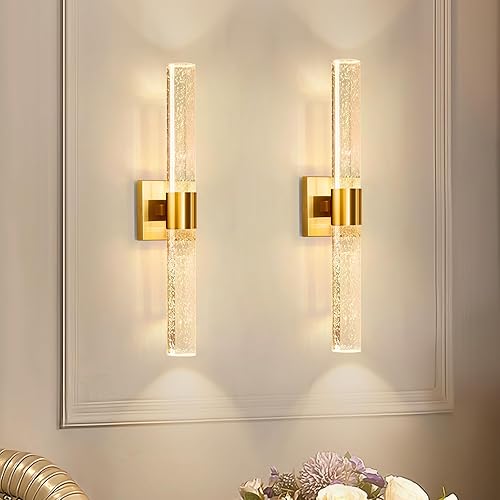 17'' Acrylic Crystal Bubble Wall Sconce with Golden Frame – Rechargeable Remote-Controlled Dimmable LED Light, 2-Pack, 3000K-6000K, 10000mAh Battery, Decorative Lighting for Bedroom, Mirror & TV