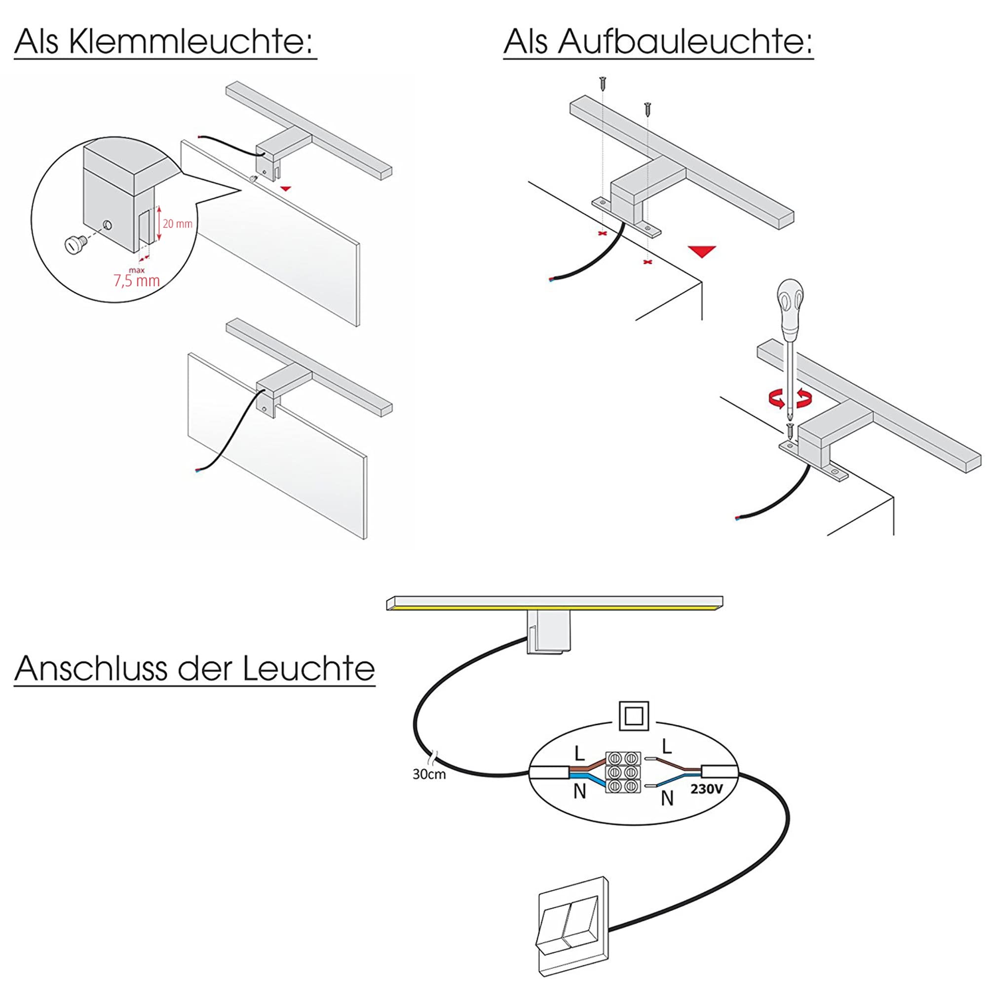 SSC-LUXon LINA Spiegelleuchte Bad 50cm LED warmweiß 230V – Badezimmer Lampe Spiegellampe silber glänzend 3-in-1 Spiegelbeleuchtung Möbelleuchte Spiegelschrank
