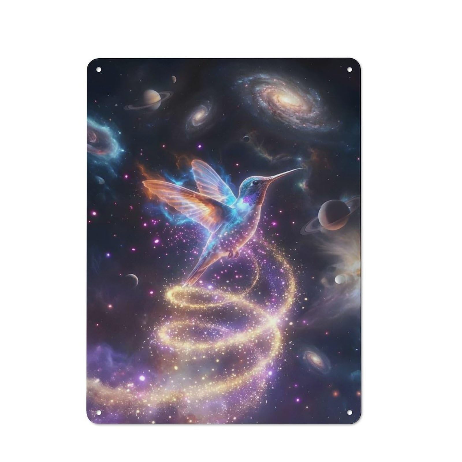 Junmoney Style-1 Tin Wall Plaque 40X30cm With Cosmic Hummingbird In Nebula For Guest Room Or Hallway, A Decorative Christmas Gift For Home Decor Collectors