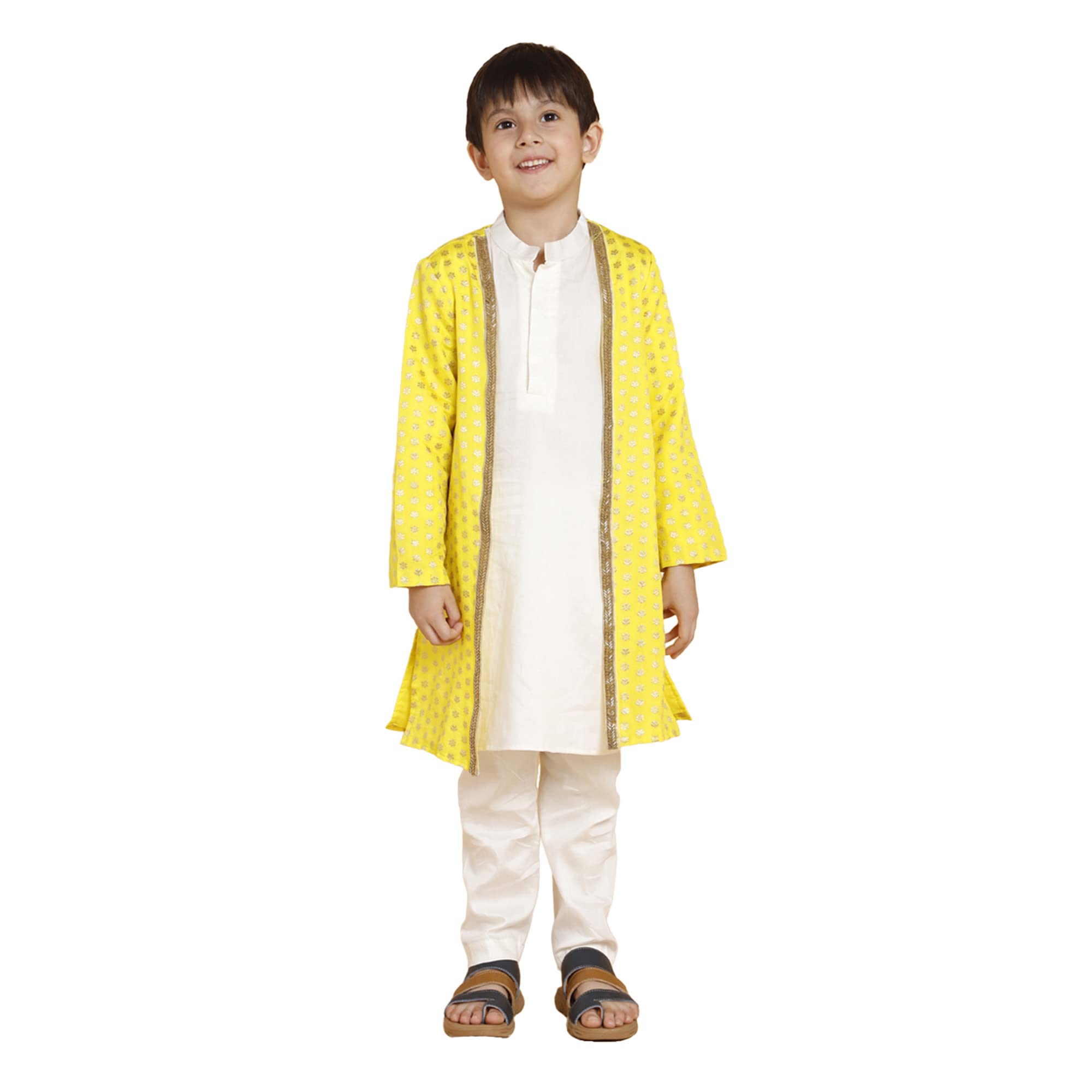 PICCOLO Cream Kurta Pyjama with Yellow Jacket Set Cotton Boy's Ethnic Kurta Pyjama Set, 8-9Years