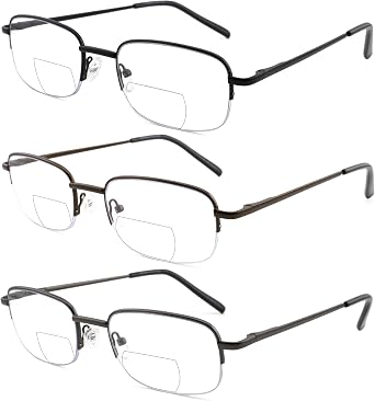Bifocal Reading Glasses for Men,Lightweight Metal Clear Top Bi-focal Readers Half Frame Far/Near Dual-use Eyeglasses