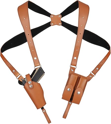 Funda de Hombro General Vertical Funda de Pistola de Cuero Ajustable para Transporte Oculto con Doble Bolsa de Cargador Ajustable para Glock 1911 y
