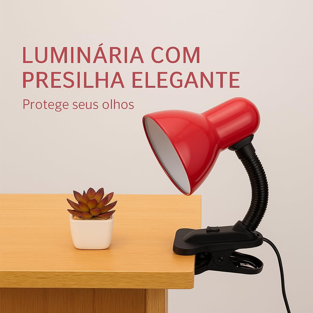 Luminária Articulada de Mesa com Presilha Tipo Clip para Estudo e Escritório – Preta, Ajustável e Econômica (Preta)