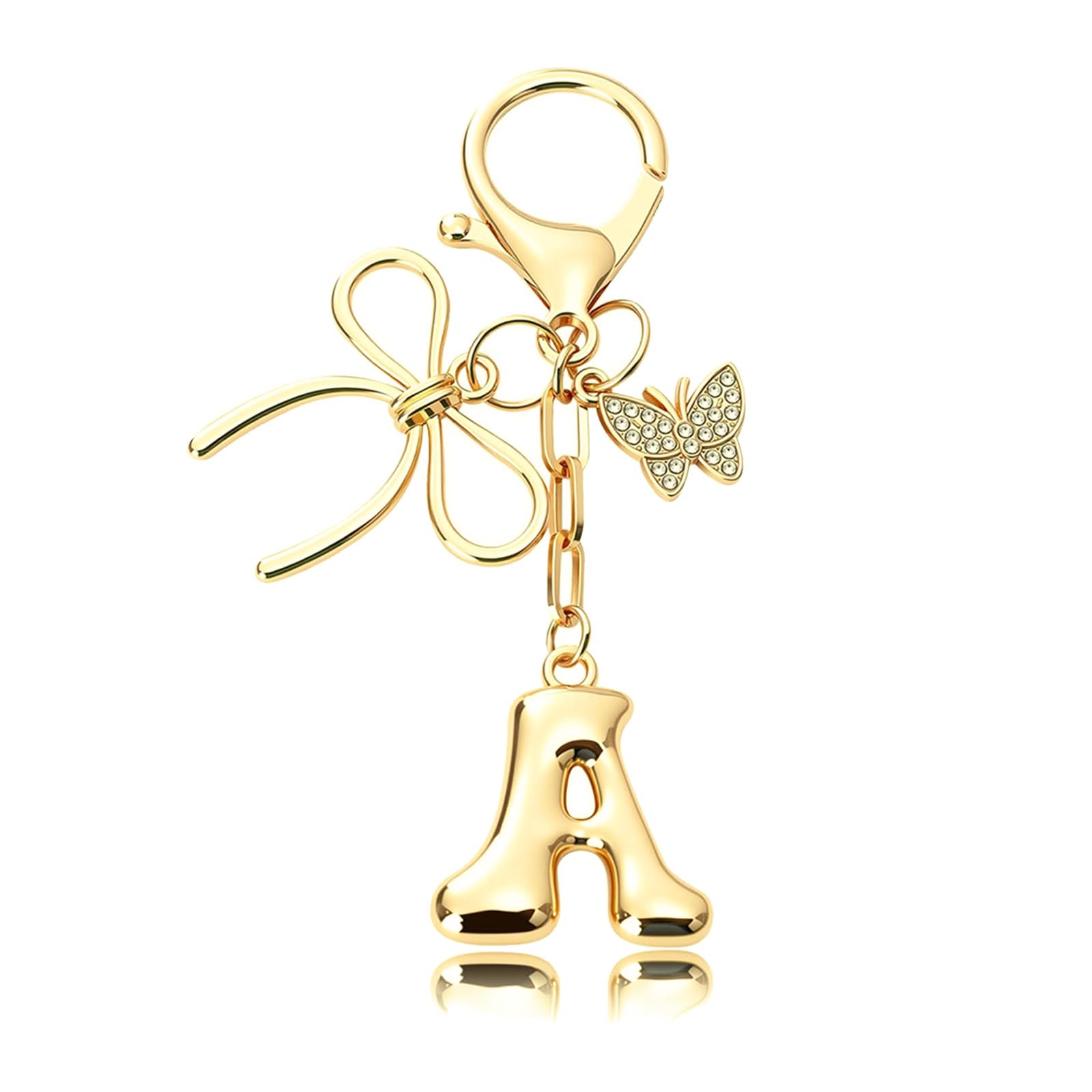 AIKOBAA Gold Letter A Keychain with Bow & Butterfly - Cute Initial Bag Charm for Women, Purse Charms Gold for Tote Bags and Handbags (A)