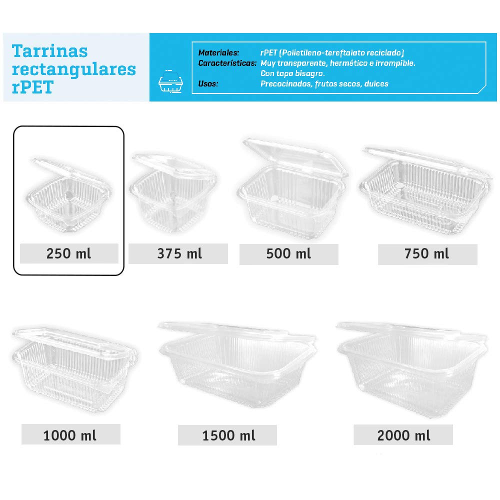 700 uds - Envase recipiente para comidas frías con tapa bisagra rectangular - Capacidad 250 ml - Polietileno (PET) transparente