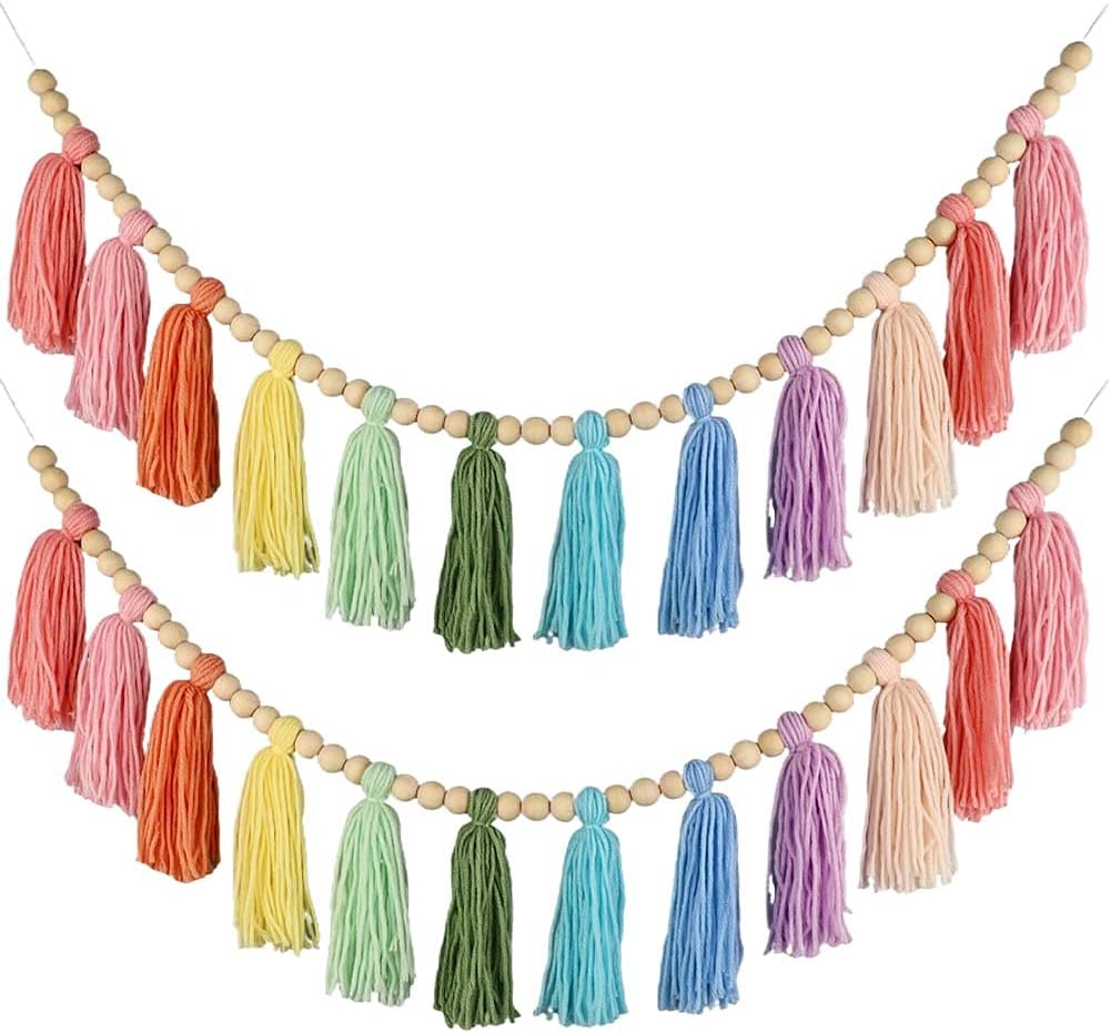 CANDeal 2 PCS Rainbow Tassel Garland Cotton Wood Bead Tassel Garland Banner Wall Hanging Pastel Tassel Banner Macrame Woven Garland for Home Party Baby Shower Supplies (6# (94cm))