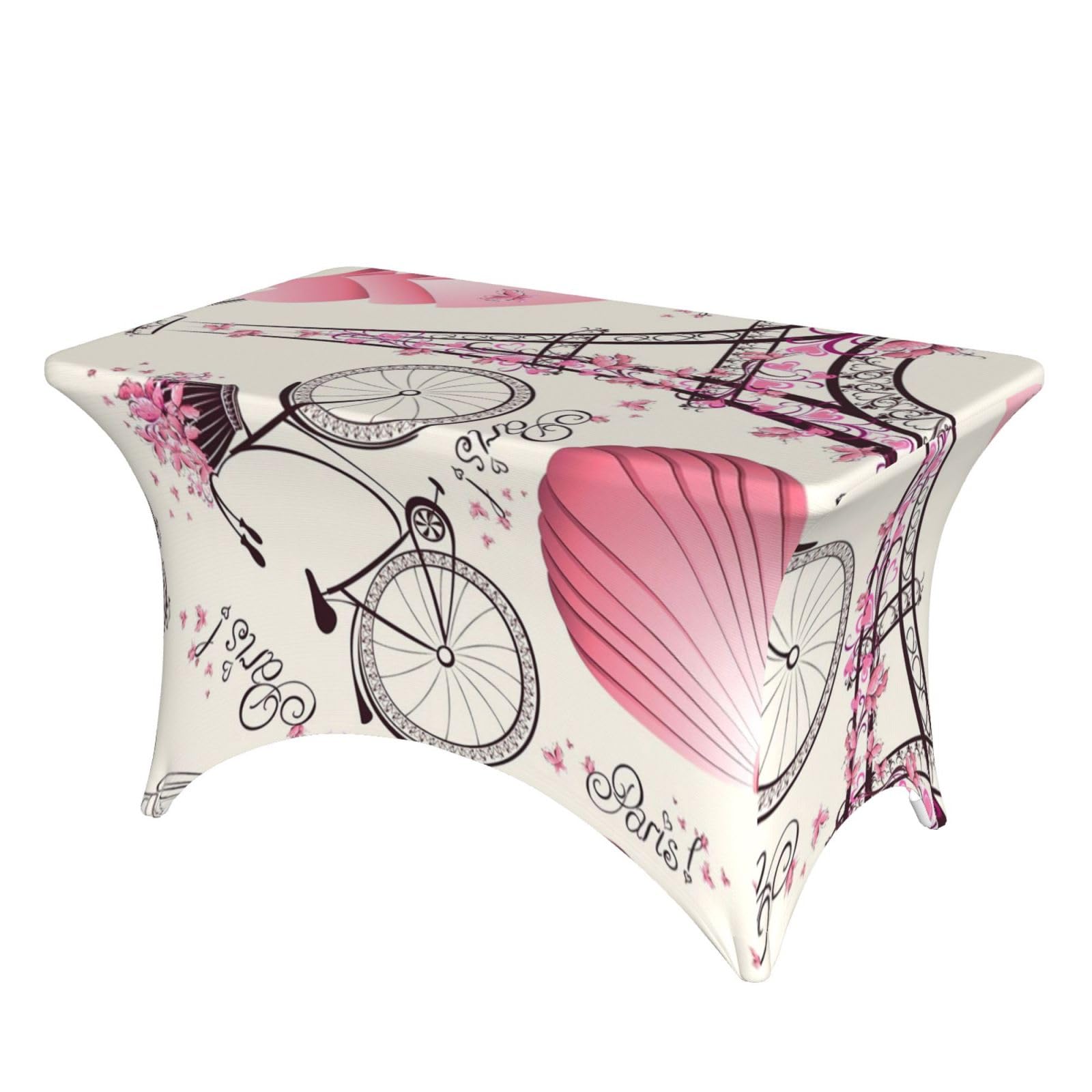 Dcehgew Romantic Paris Eiffel Tower Bycicle 4Ft Spandex Rectangular Table Cloth, Printed Fitted Elastic Tablecloths Washable Table Cover For Event, Wedding, Banquet & Party