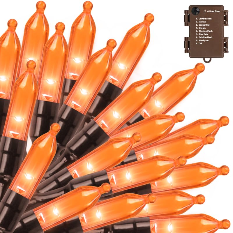 Orange Halloween Lights Battery Operated 2PK18Ft 50 LED Mini String with Timer 8 Modes Twinkle Light Outdoor Waterproof for Tree Garland Decor