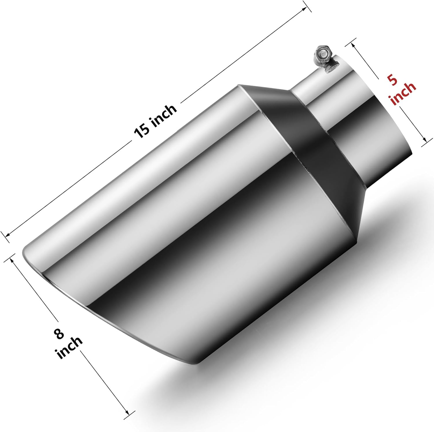 Exhaust Tip 5" Inlet 8" Outlet 15" Long, High Performance Stainless Steel, Rustproof Polished Finish, Rolled Angle Cut, Bolt-On Diesel Tail Pipe, Universal for Car Truck