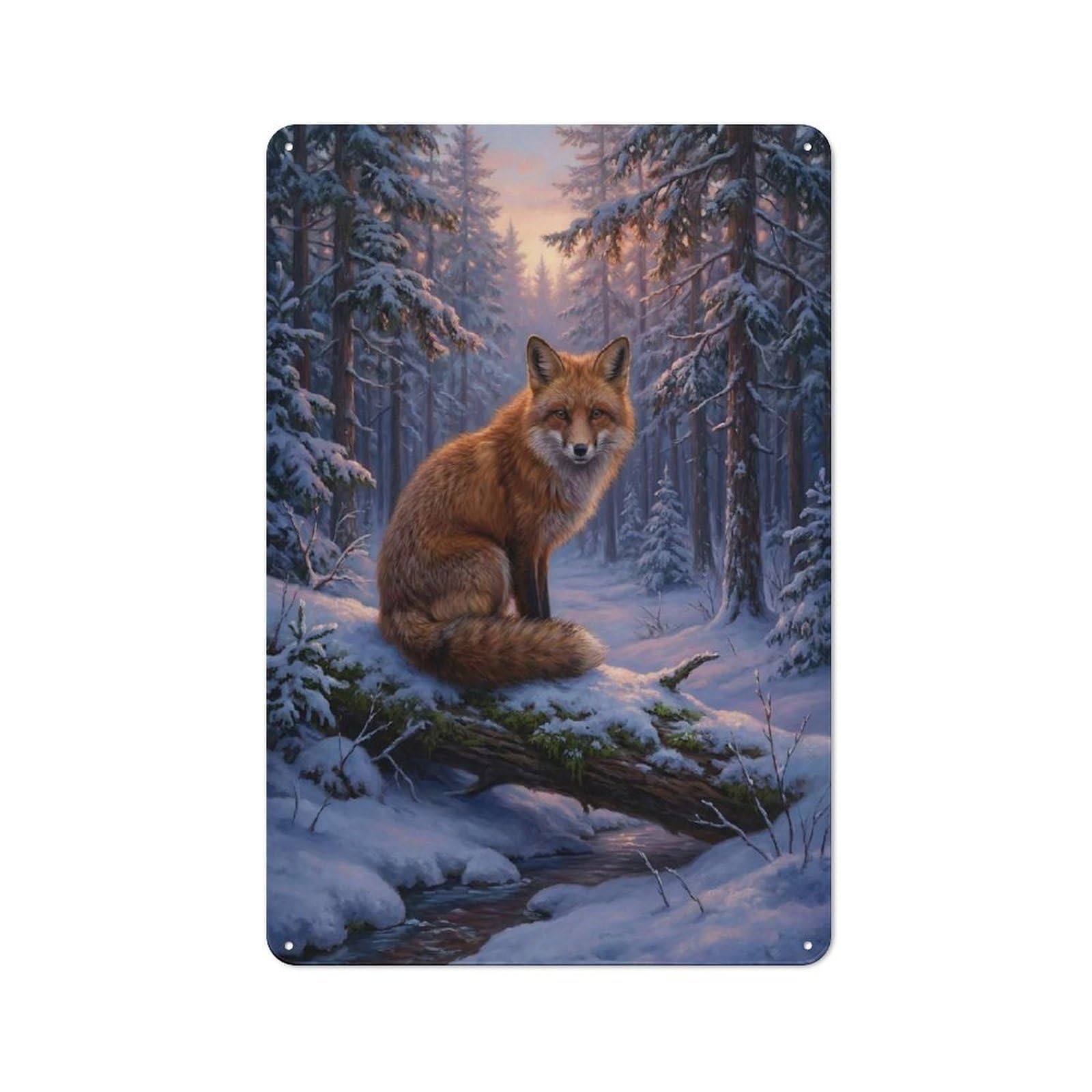 Fox in Winter Forest Rustic Metal Wall Decor 30x20cm, Decorative Metal Plaque for Shed, Garden Room, Porch Or Garage