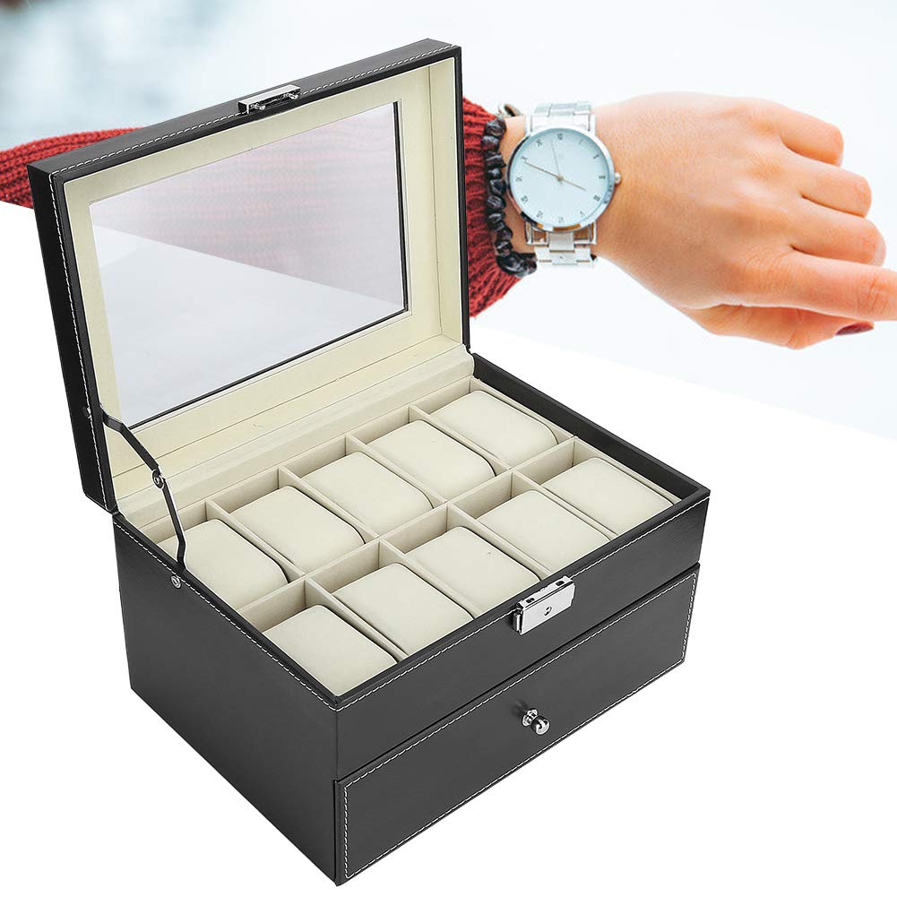 Custodia per Orologio a Doppio Strato per Orologi e Occhiali da Sole con Chiave Nera a 10 Griglie per Uomo e Donna