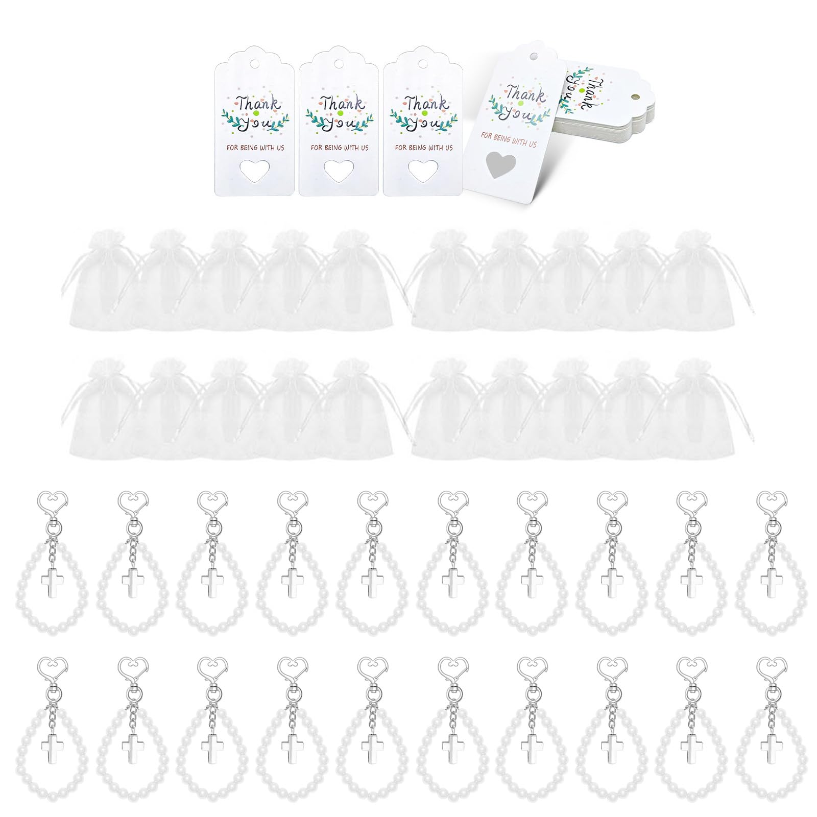 Tsophreniq Of 20 Crosses Beaded Chain Favor Set with Organza Bags and Cards for Baby Baptisms and First Communions Individualized Event Cards