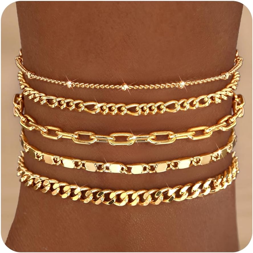 Ankle Bracelets for Women, 14k Gold Jewelry Set Waterproof Layered Cuban Figaro Link Chain Anklets Set Gold Anklets Summer Boho Beach Jewelry Gift Adjustable Size
