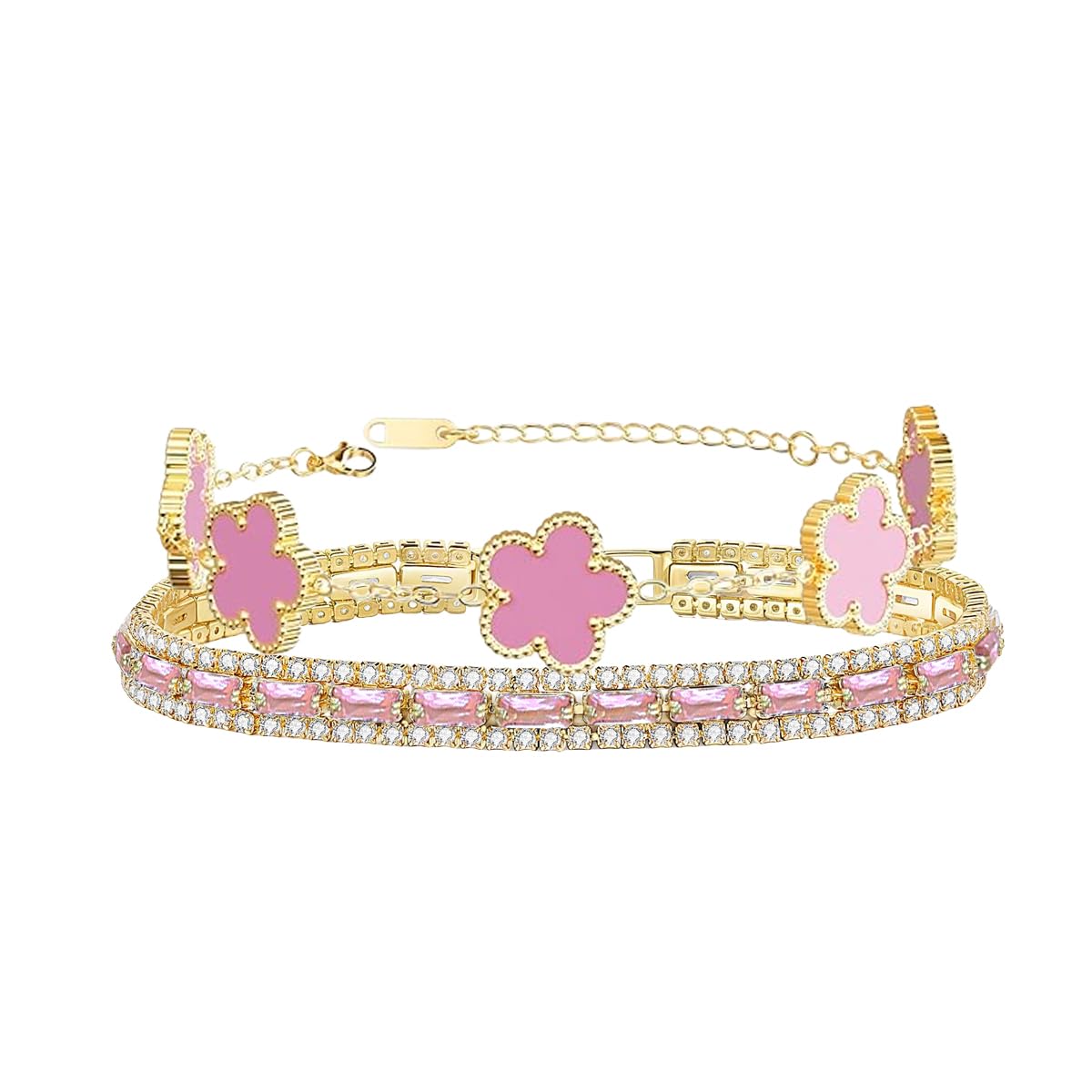 2Pcs Stackable Bracelet Set for Women Cubic Zirconia Tennis Bracelet Adjustable 18K Gold Plated Flower Bracelet Set Trendy Gifts for Women