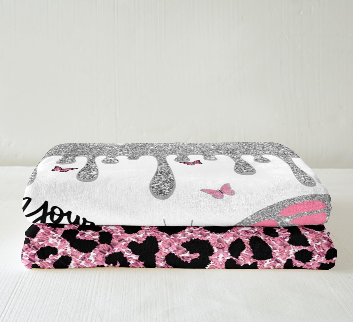 Manfei Pink Butterfly Throw Blanket Silver Glitter Bed Blanket for Kids Girls Adult Room Decor Pink Leopard Print Blanket for Couch Sofa Soft and Breathable Fleece Blanket(90 x 90 Inches) - Image 4