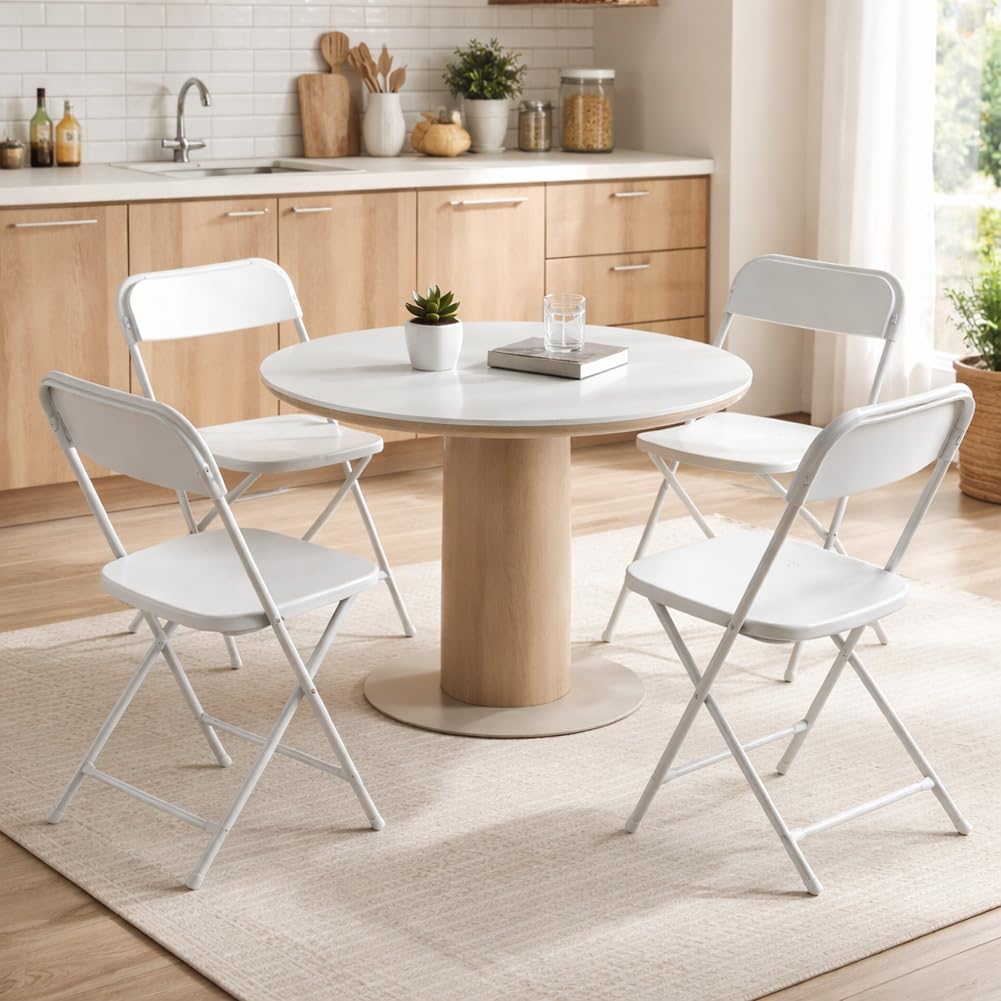 Shally Dogan Set 4 Sedie Pieghevoli Bianche con Struttura in Metallo e Seduta in Polipropilene Ergonomica, Sedia Multiuso Resistente da Esterno ed Interno, Ideale per Bar, Ristoranti, Casa, Giardino