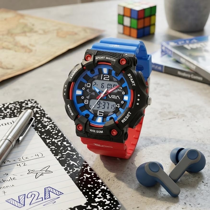 Image of V2A Nova Pro 43mm Analog Digital Sports Watch for Boys (8-14 Years) | Bolt Guard Sport Design | Alarm Stopwatch Backlight Day Date | TPU Strap | 50M Water Resistant| Gift for Boy