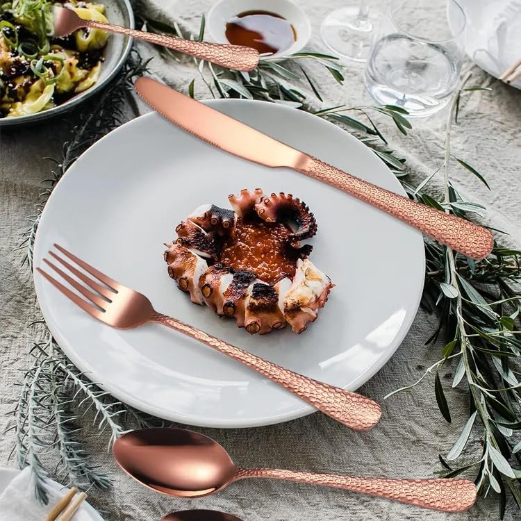 Image of Hammered Rosegold Silverware Set | 20-Piece Premium Stainless Steel Flatware Set | Dishwasher Safe Cutlery Set for Home, Restaurant & Gifting