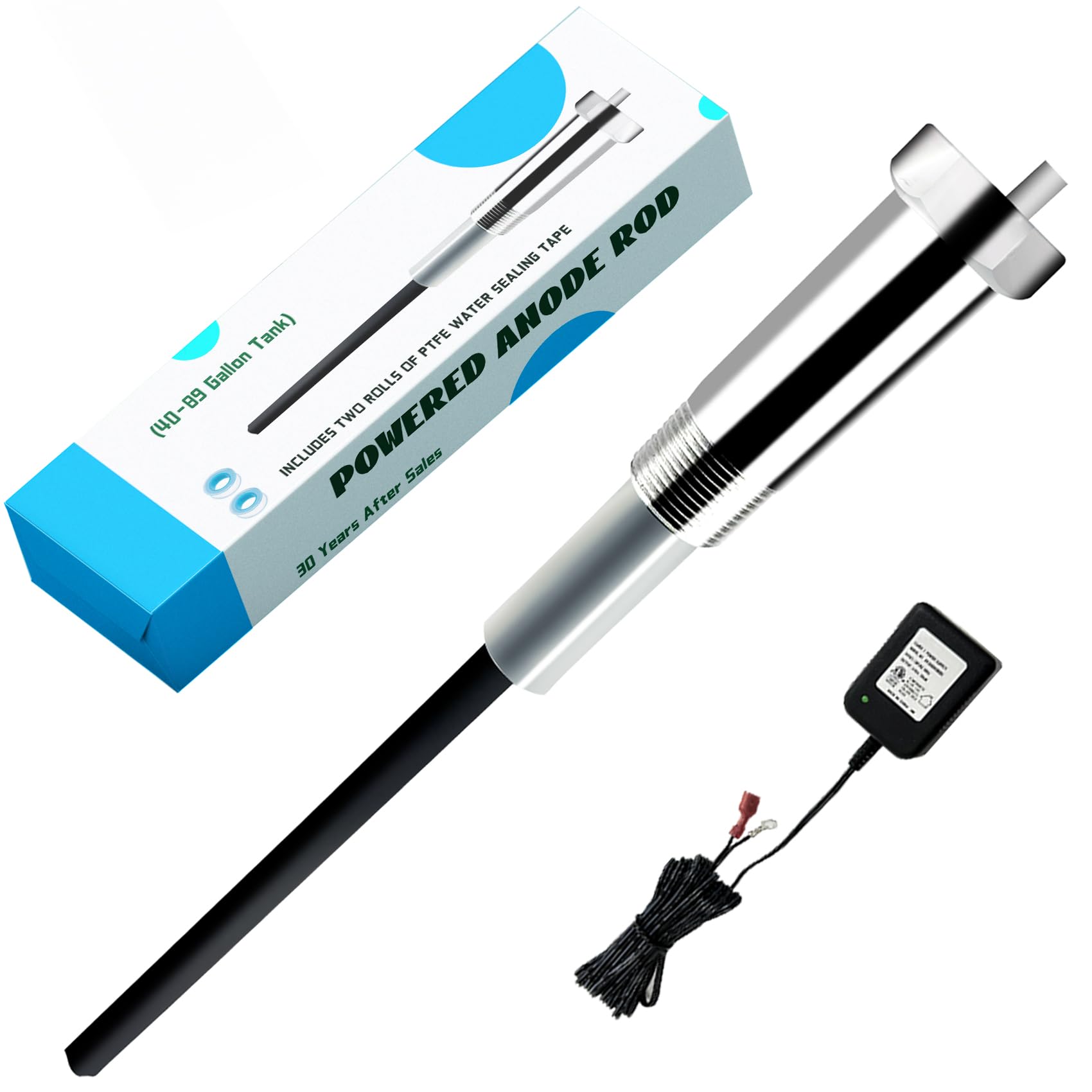 Varilla de ánodo motorizada para calentador de agua. Varilla de ánodo eléctrica para tanque de 40 a 89 galones. Compatible con calentador de agua Bradford White. Reduce la cal y el olor a huevo podrido. 30 años de garantía.