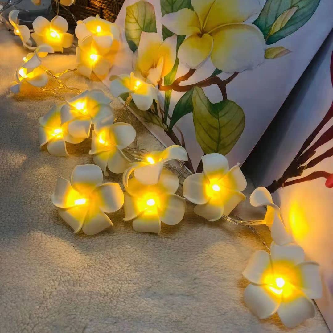 Riaxuebiy LED Plumeria String Lights Frangipani Flower Fairy Lights Eggflower Decorative Garland Battery Operated for Wedding Party Birthday Festival Decor (3m20led, White Plumeria) — image 1
