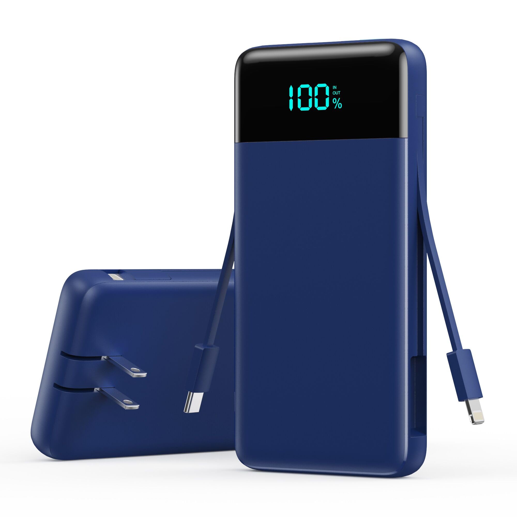 Cargador portátil con enchufe de CA integrado y cables, 13800 mAh todo en uno, USB C, cargador de batería portátil para iPhone 17/16/14, Galaxy, Android, azul oscuro