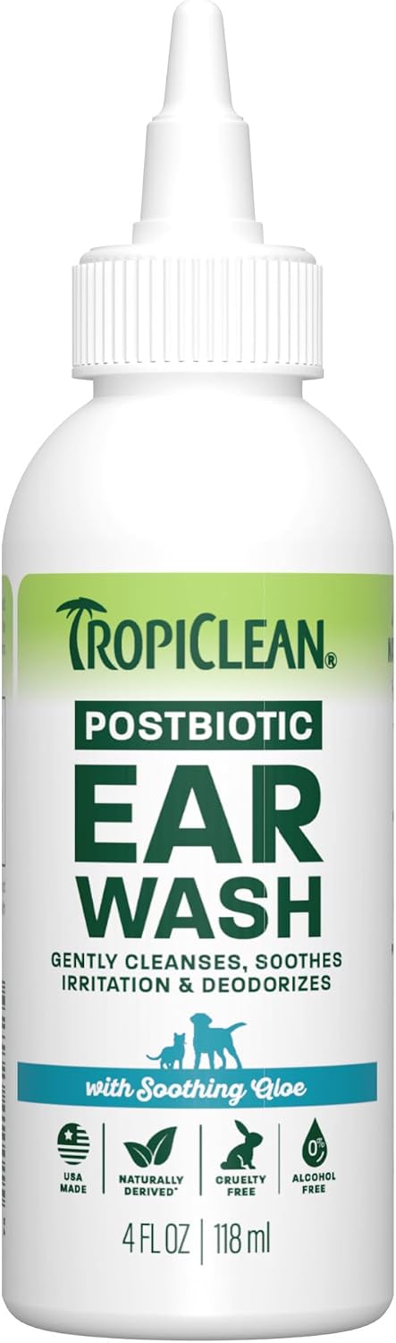 TropiClean Dog Ear Wash, Alcohol Free Ear Cleaning Solution, 4oz