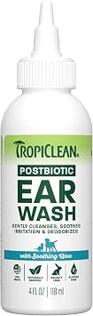 TropiClean Dog Ear Wash, Vet Recommended Ear Cleaning Solution for Itch Relief, Odor Eliminating, Non Stinging Alcohol-Free, Cat Safe, USA Made, 4oz