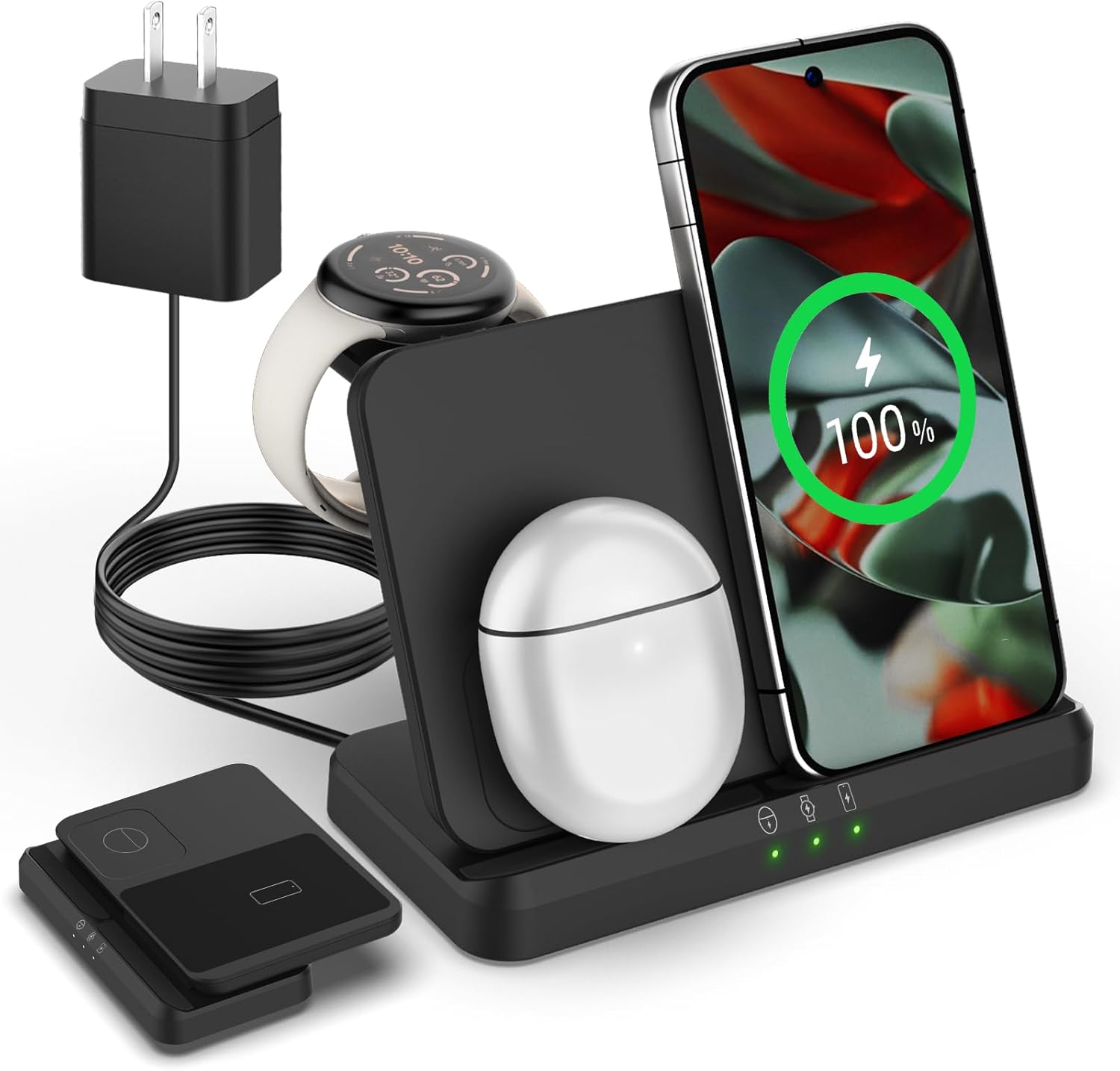 Wireless Charger for Google - Foldable 3 in 1 Wireless Charging Station Compatible with Google Pixel Watch 3/2, for Pixel 9 Pro XL/9/Fold/8/7/7A/6 Pro, Pixel Buds Pro/2 (Not for Pixel Watch 1)