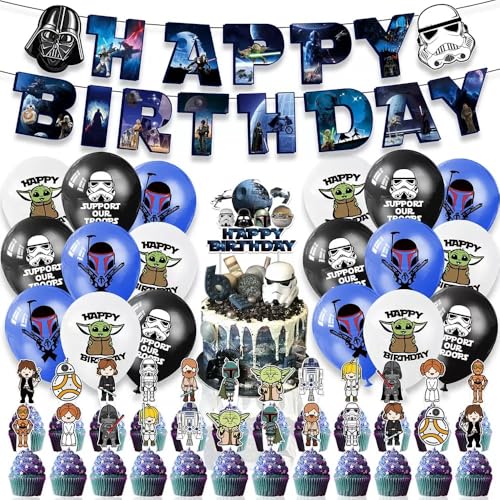 Birthday Party Decorations Star War Party Supplies - Happy Birthday Banner Cupcake Toppers Balloons for Game Party Decor