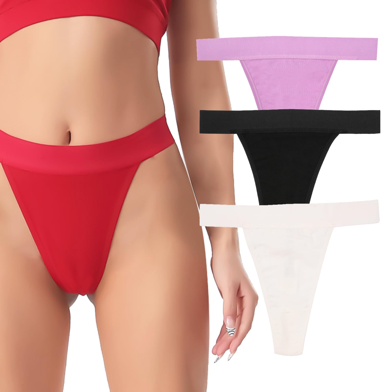 Lot de 4 strings taille haute pour femme - En coton respirant - Sans couture - Sous-vêtements en coton - Pour le sport, le quotidien, le travail, la plage